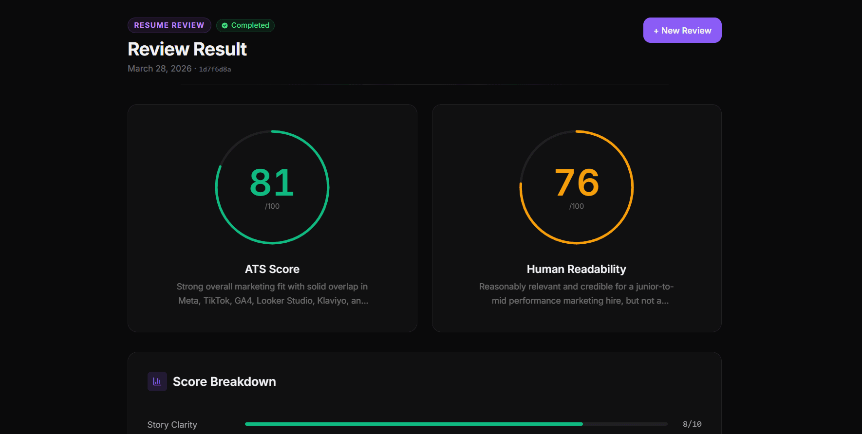 Resume review — ATS and Human scores